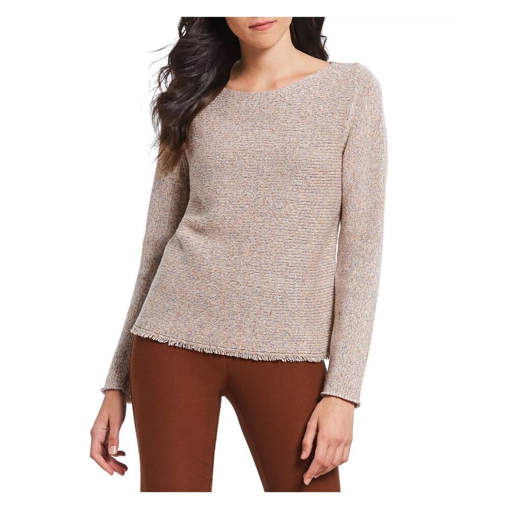 EILEEN FISHER Wool & Recycled Cotton‎ Fringe Hem Sweater, Almond Size XL 222